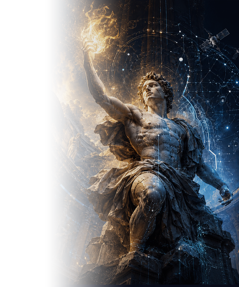 Classical statue illuminated by fire and digital systems